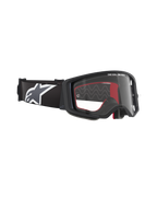 Alpinestars Supertech Corp Goggles, occhiali da motocross, montatura nera con lente trasparente, fascia nera regolabile con grande logo a stella Alpinestars bianco, accenti interni in schiuma rossa, protezione oculare professionale per corse fuoristrada