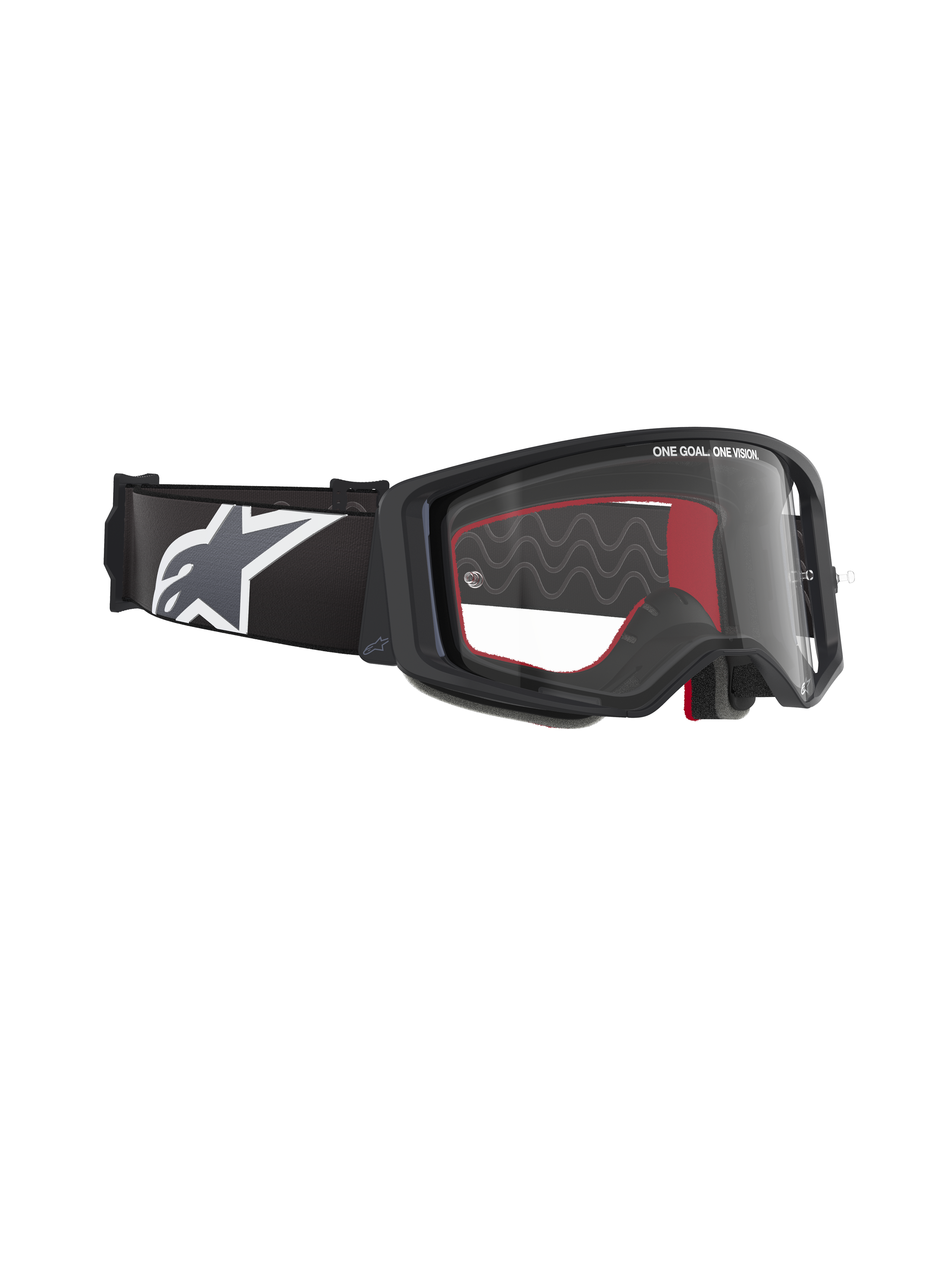 Alpinestars Supertech Corp Goggles, occhiali da motocross, montatura nera con lente trasparente, fascia nera regolabile con grande logo a stella Alpinestars bianco, accenti interni in schiuma rossa, protezione oculare professionale per corse fuoristrada