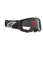 Alpinestars Supertech Corp Goggles, maschera da motocross, Nero Grigio Trasparente, con lente in policarbonato trasparente, ampia fascia nera con logo Astars grigio e bianco, spugna facciale modellata in 3D, protezione oculare ad alte prestazioni per gare fuoristrada