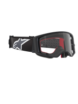 Alpinestars Supertech Corp Goggles, maschera da motocross, Nero Grigio Trasparente, con lente in policarbonato trasparente, ampia fascia nera con logo Astars grigio e bianco, spugna facciale modellata in 3D, protezione oculare ad alte prestazioni per gare fuoristrada