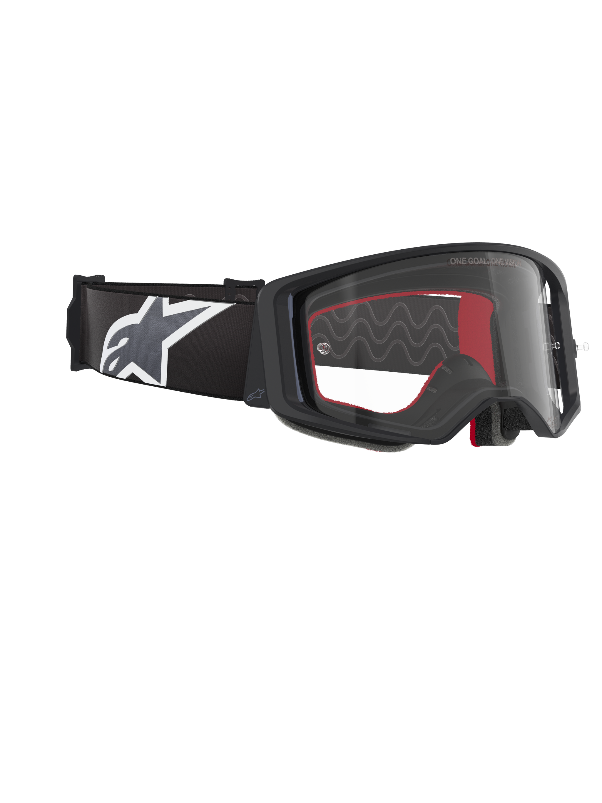 Alpinestars Supertech Corp Goggles, maschera da motocross, Nero Grigio Trasparente, con lente in policarbonato trasparente, ampia fascia nera con logo Astars grigio e bianco, spugna facciale modellata in 3D, protezione oculare ad alte prestazioni per gare fuoristrada