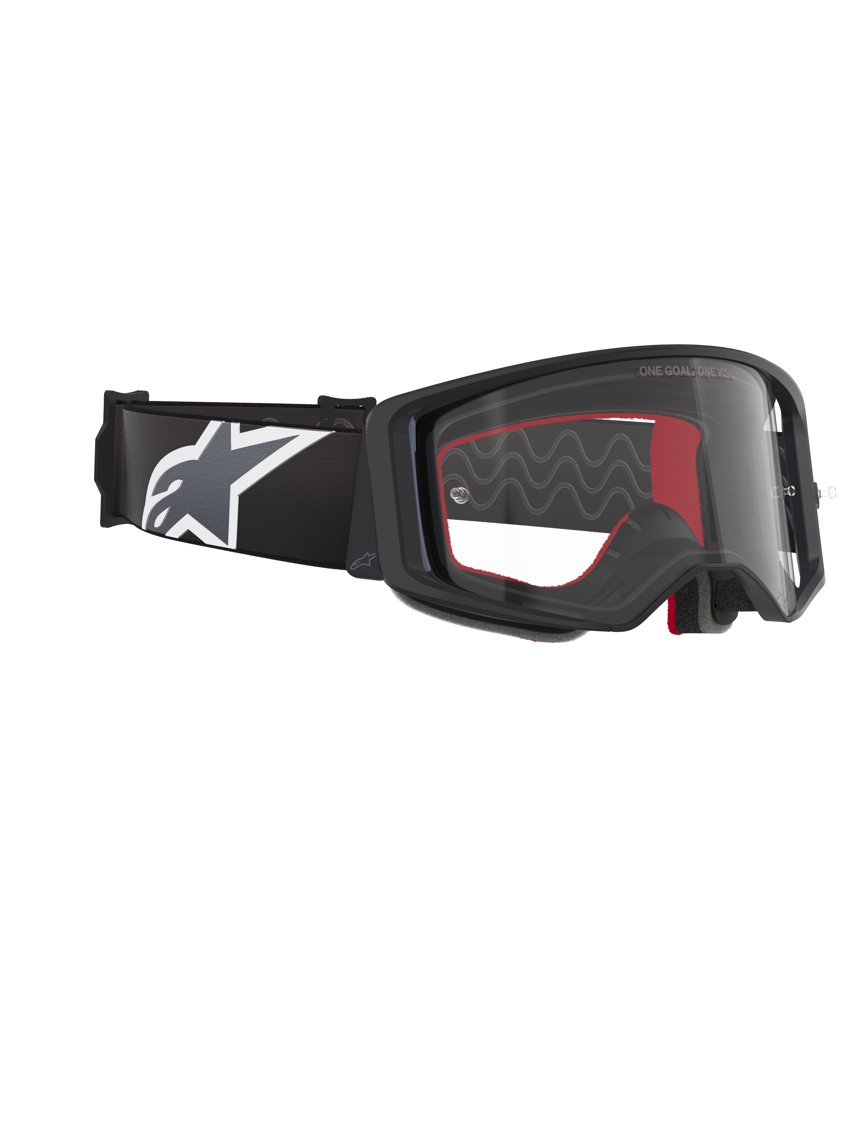 Alpinestars Supertech Corp Goggles, maschera da motocross, Nero Grigio Trasparente, con lente in policarbonato trasparente, ampia fascia nera con logo Astars grigio e bianco, spugna facciale modellata in 3D, protezione oculare ad alte prestazioni per gare fuoristrada