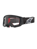 Alpinestars Supertech Corp Goggles, occhiali da motocross, nero, grigio e trasparente, lente in policarbonato trasparente con montatura nera, imbottitura interna rossa, ampia fascia regolabile con grande logo Astars bianco e grigio, occhiali protettivi per fuoristrada