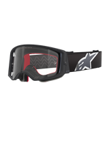 Alpinestars Supertech Corp Goggles, occhiali da motocross, nero, grigio e trasparente, lente in policarbonato trasparente con montatura nera, imbottitura interna rossa, ampia fascia regolabile con grande logo Astars bianco e grigio, occhiali protettivi per fuoristrada