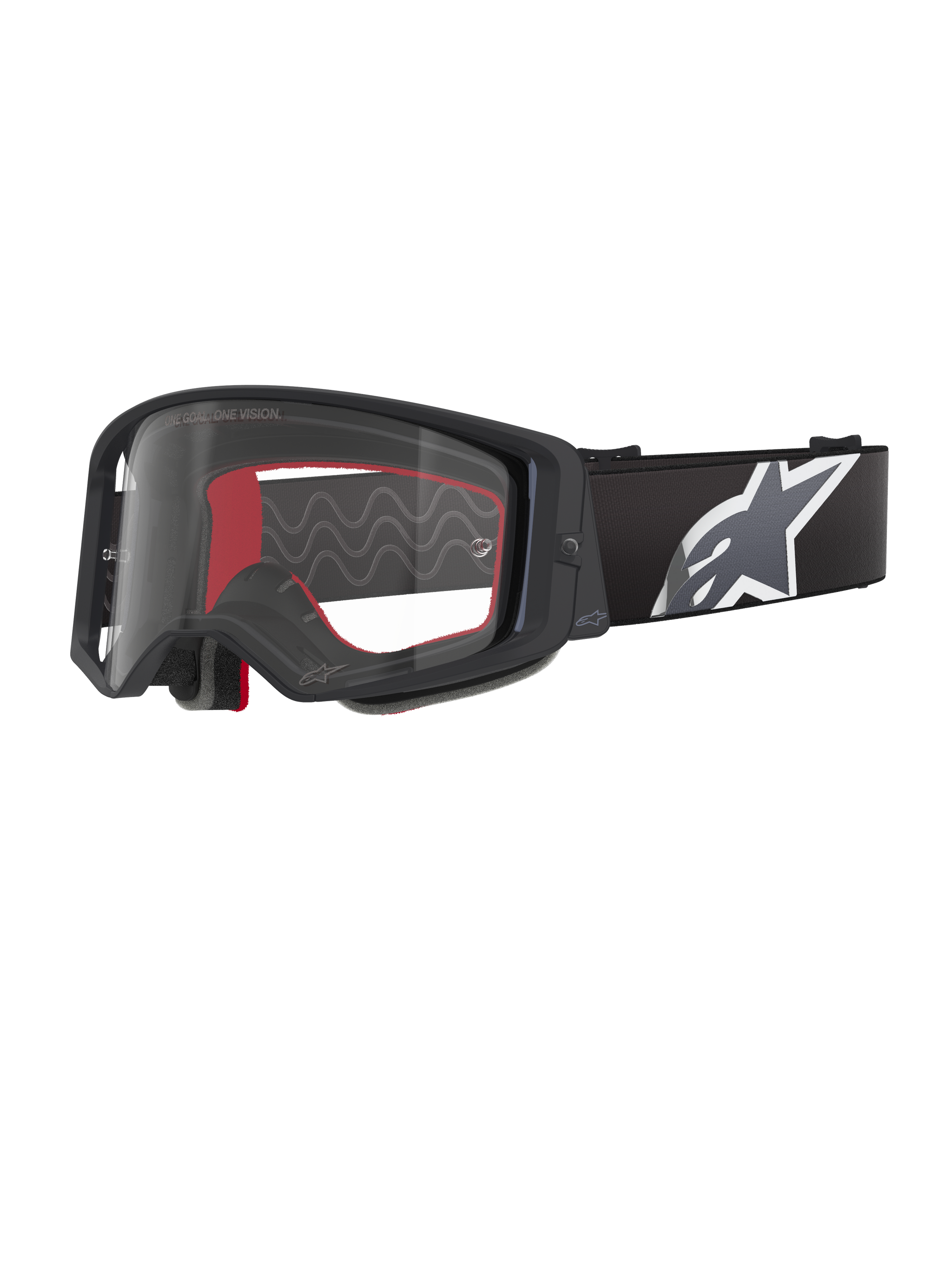 Alpinestars Supertech Corp Goggles, occhiali da motocross, nero, grigio e trasparente, lente in policarbonato trasparente con montatura nera, imbottitura interna rossa, ampia fascia regolabile con grande logo Astars bianco e grigio, occhiali protettivi per fuoristrada