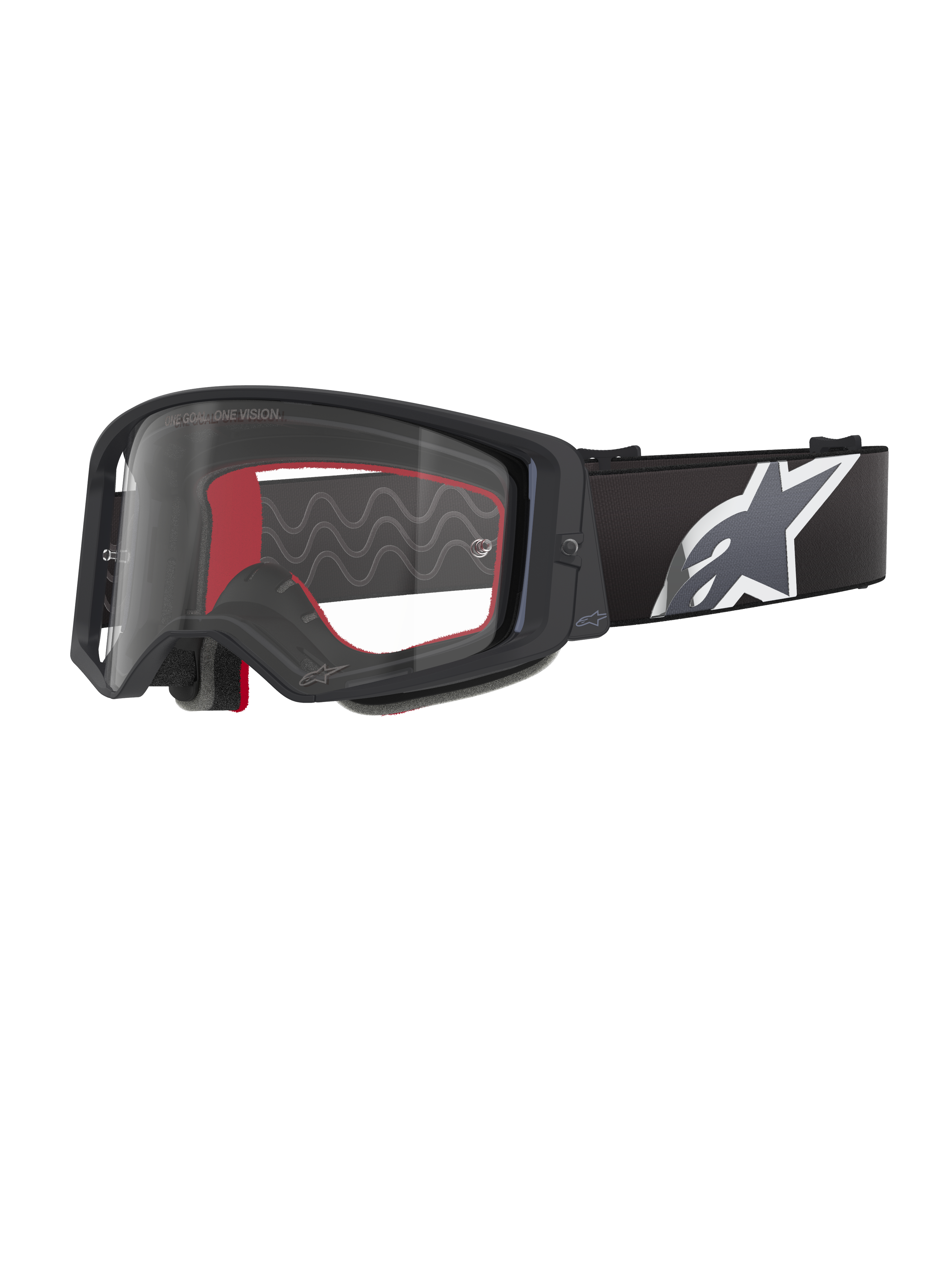 Alpinestars Supertech Corp Goggles, occhiali da motocross, nero, grigio e trasparente, lente in policarbonato trasparente con montatura nera, imbottitura interna rossa, ampia fascia regolabile con grande logo Astars bianco e grigio, occhiali protettivi per fuoristrada
