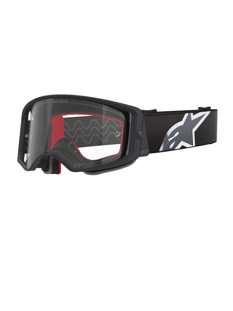 Alpinestars Supertech Corp Goggles, occhiali da motocross, nero, grigio e trasparente, lente in policarbonato trasparente con montatura nera, imbottitura interna rossa, ampia fascia regolabile con grande logo Astars bianco e grigio, occhiali protettivi per fuoristrada