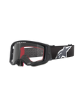Alpinestars Supertech Corp Goggles, occhiali da motocross, nero con interno rosso, lente trasparente, fascia nera con grande logo a stella bianco, scritta "ONE GOAL. ONE VISION.", eyewear performance per fuoristrada