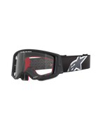 Alpinestars Supertech Corp Goggles, occhiali da motocross, nero con interno rosso, lente trasparente, fascia nera con grande logo a stella bianco, scritta "ONE GOAL. ONE VISION.", eyewear performance per fuoristrada