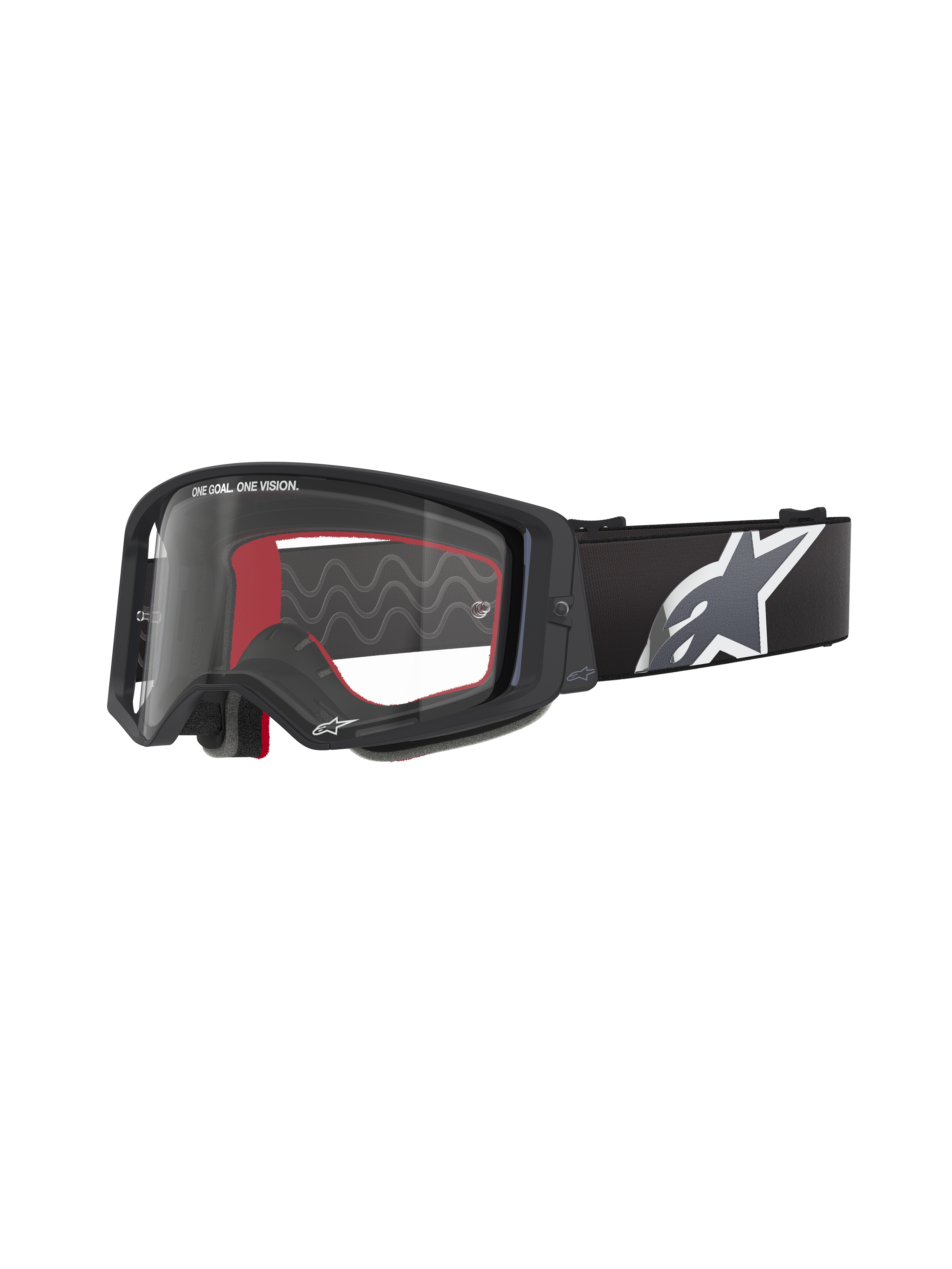 Alpinestars Supertech Corp Goggles, occhiali da motocross, nero con interno rosso, lente trasparente, fascia nera con grande logo a stella bianco, scritta "ONE GOAL. ONE VISION.", eyewear performance per fuoristrada