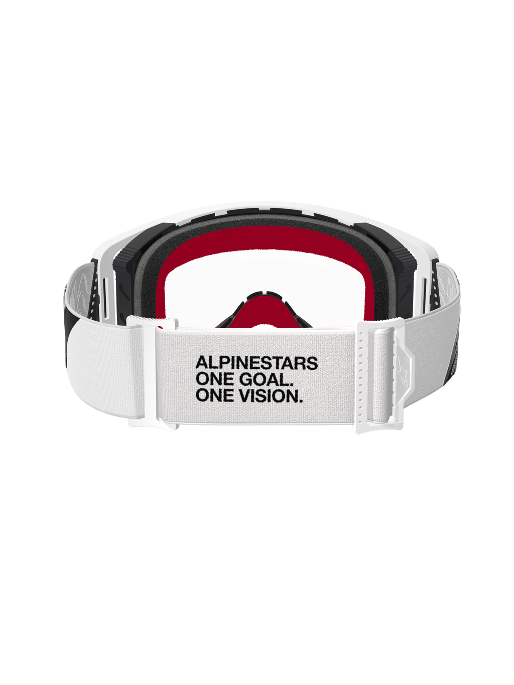 Alpinestars Supertech Corp Goggles, occhiali da motocross, montatura bianca con lente trasparente, vista posteriore con fascia bianca regolabile e scritta nera 'ALPINESTARS ONE GOAL. ONE VISION.', imbottitura nera con accenti rossi, occhiali protettivi per fuoristrada ad alte prestazioni