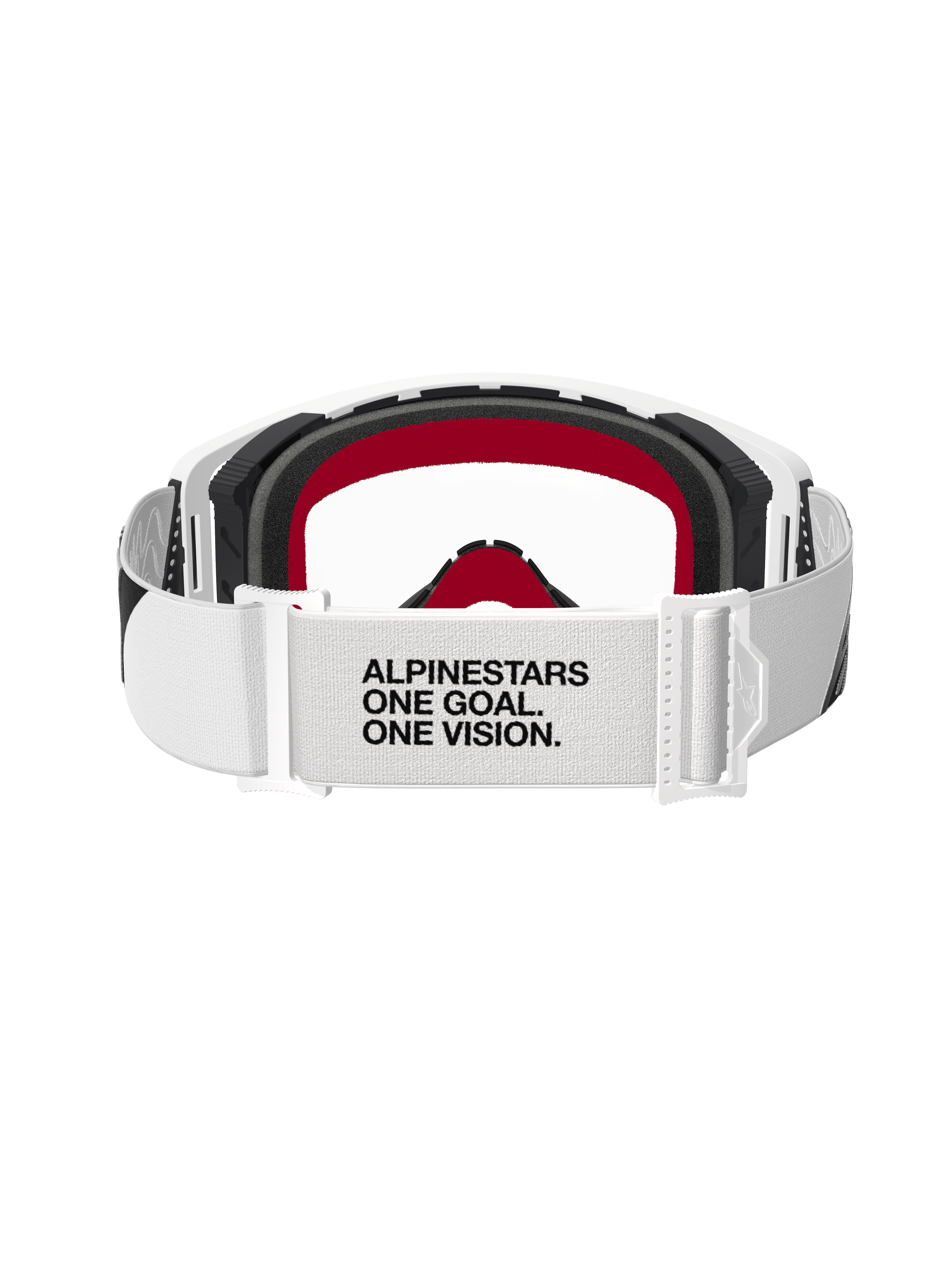 Alpinestars Supertech Corp Goggles, occhiali da motocross, montatura bianca con lente trasparente, vista posteriore con fascia bianca regolabile e scritta nera 'ALPINESTARS ONE GOAL. ONE VISION.', imbottitura nera con accenti rossi, occhiali protettivi per fuoristrada ad alte prestazioni