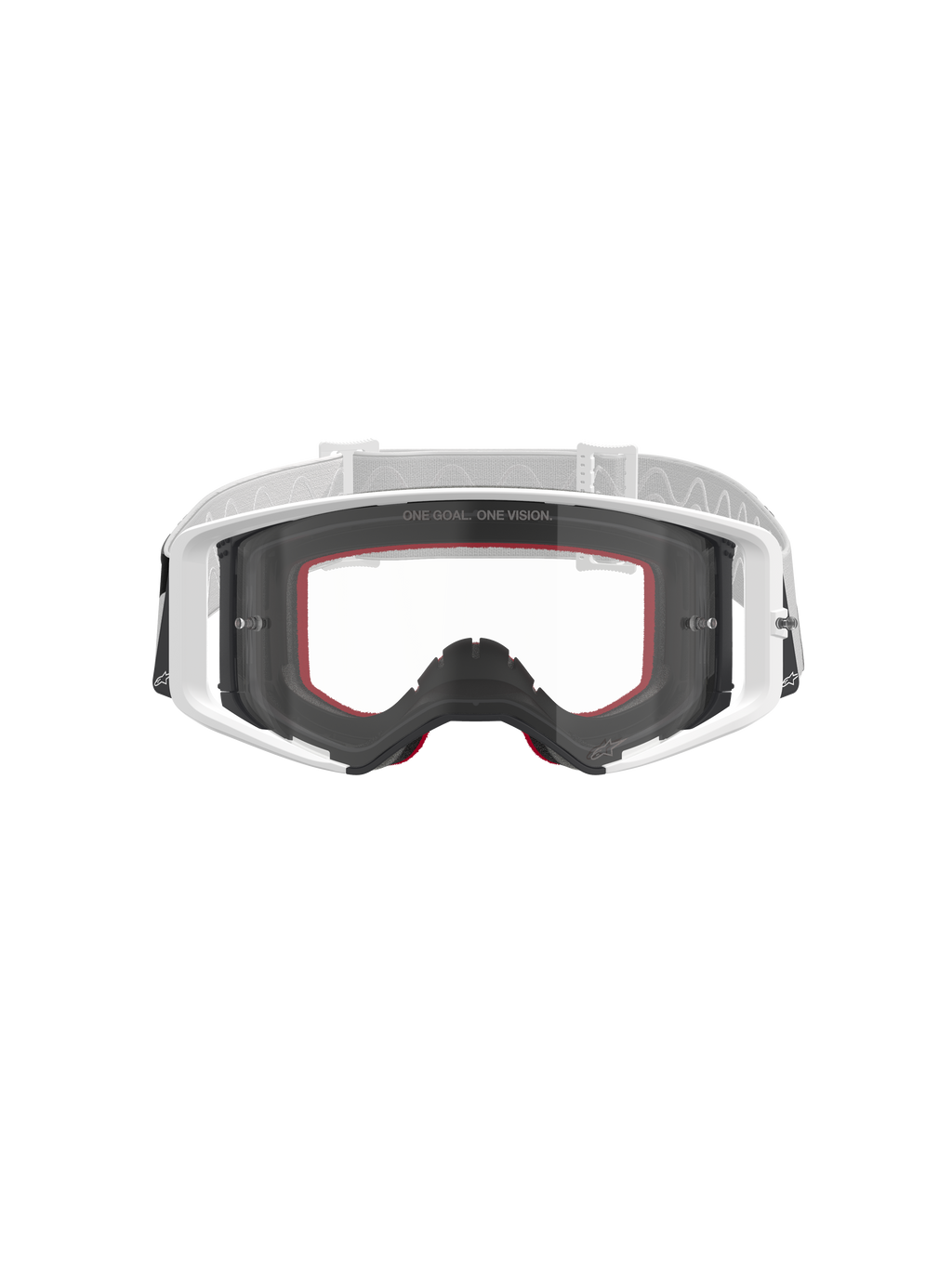 Alpinestars Supertech Corp Goggles, maschera da motocross, bianco con lente trasparente, fascia regolabile bianca e grigio chiaro, con scritta 'ONE GOAL. ONE VISION.' sulla lente, accenti rossi sulla spugna facciale, equipaggiamento protettivo ad alte prestazioni per corse fuoristrada