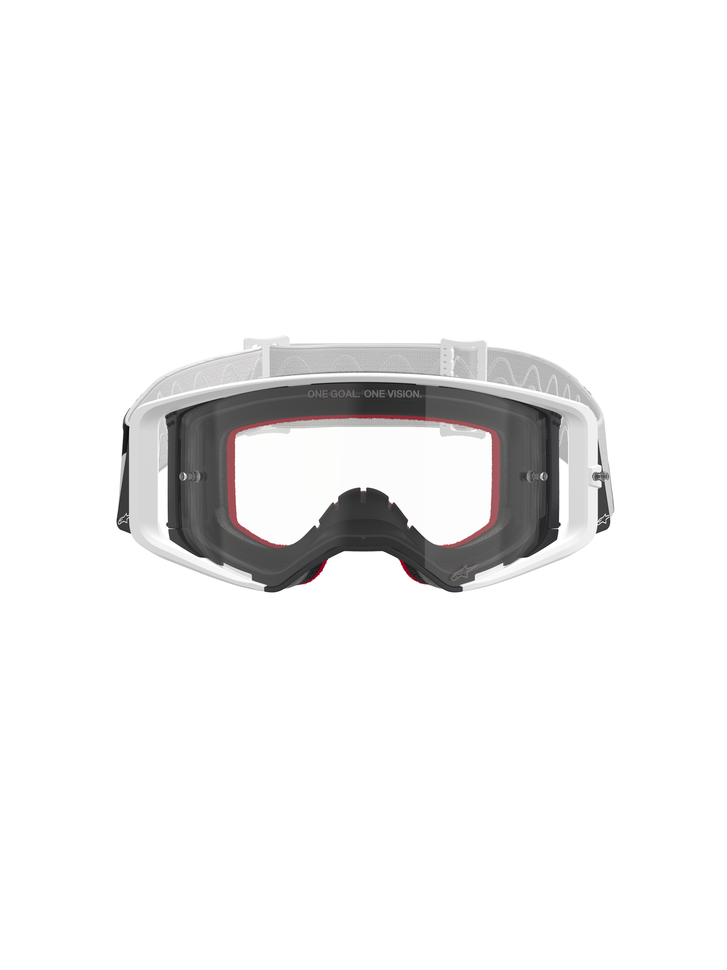 Alpinestars Supertech Corp Goggles, maschera da motocross, bianco con lente trasparente, fascia regolabile bianca e grigio chiaro, con scritta 'ONE GOAL. ONE VISION.' sulla lente, accenti rossi sulla spugna facciale, equipaggiamento protettivo ad alte prestazioni per corse fuoristrada