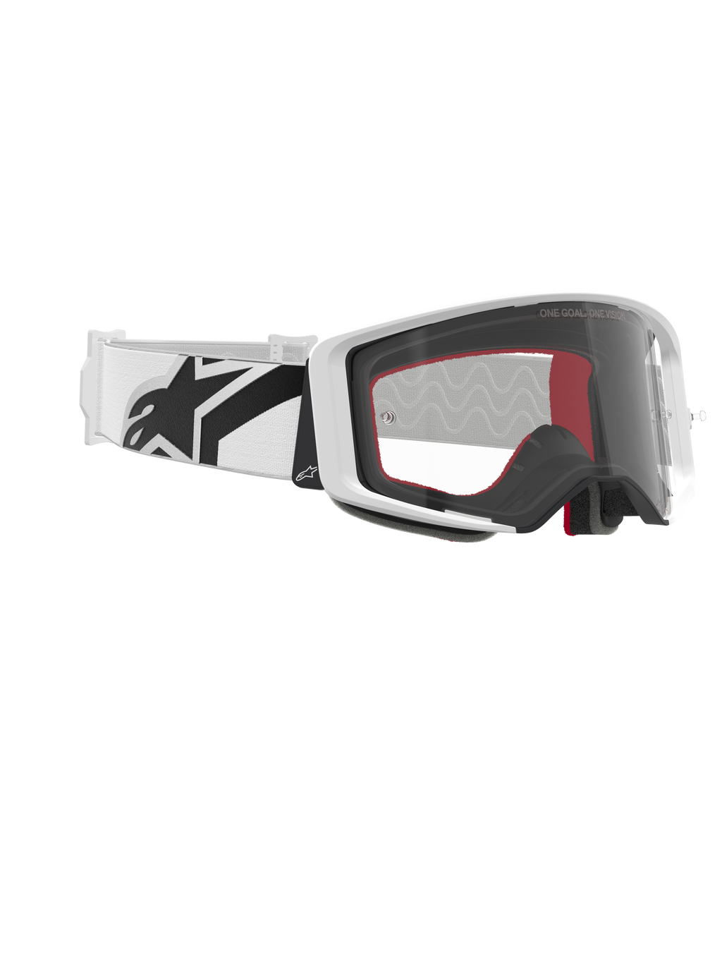 Alpinestars Supertech Corp Goggles, occhiali da motocross, bianco e trasparente, fascia bianca con grande logo Alpinestars nero, lente trasparente stampata a iniezione, montatura bianca a doppia iniezione, occhiali tecnici per gare fuoristrada
