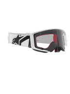 Alpinestars Supertech Corp Goggles, occhiali da motocross, bianco e trasparente, fascia bianca con grande logo Alpinestars nero, lente trasparente stampata a iniezione, montatura bianca a doppia iniezione, occhiali tecnici per gare fuoristrada