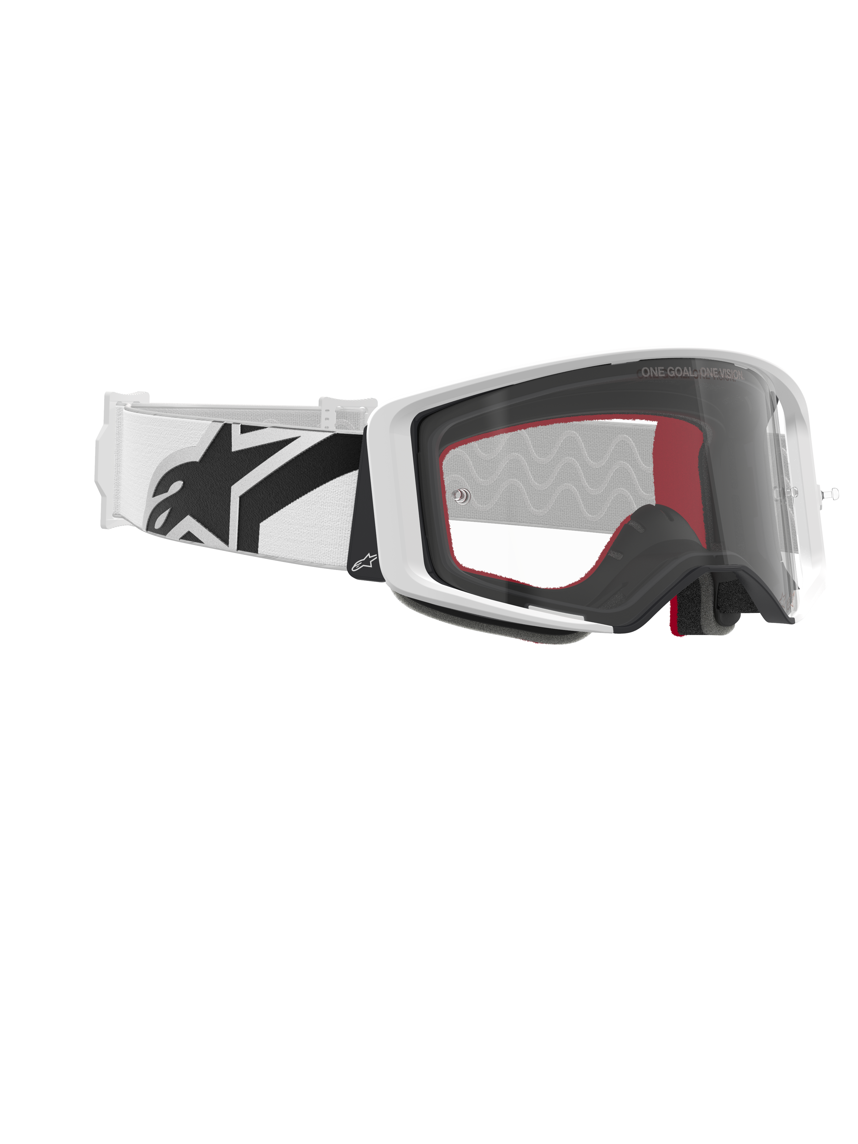 Alpinestars Supertech Corp Goggles, occhiali da motocross, bianco e trasparente, fascia bianca con grande logo Alpinestars nero, lente trasparente stampata a iniezione, montatura bianca a doppia iniezione, occhiali tecnici per gare fuoristrada