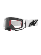 Alpinestars Supertech Corp Goggles, occhiali da motocross, bianco e trasparente, montatura bianca con lente in policarbonato trasparente, fascia bianca con logo Alpinestars nero prominente, schiuma facciale multistrato rossa e nera