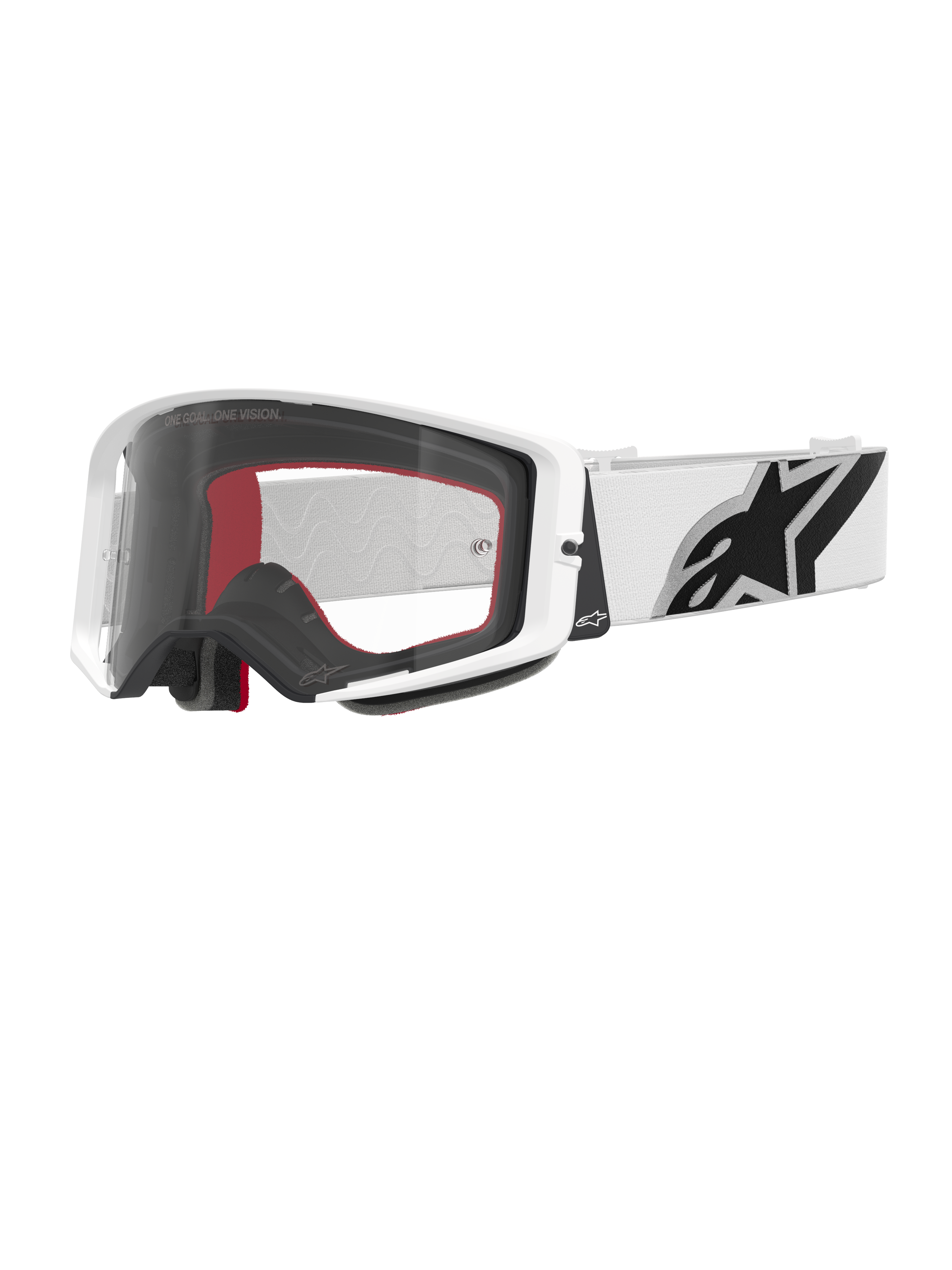 Alpinestars Supertech Corp Goggles, occhiali da motocross, bianco e trasparente, montatura bianca con lente in policarbonato trasparente, fascia bianca con logo Alpinestars nero prominente, schiuma facciale multistrato rossa e nera