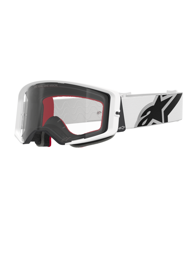 Alpinestars Supertech Corp Goggles, occhiali da motocross, bianco e trasparente, montatura bianca con lente in policarbonato trasparente, fascia bianca con logo Alpinestars nero prominente, schiuma facciale multistrato rossa e nera