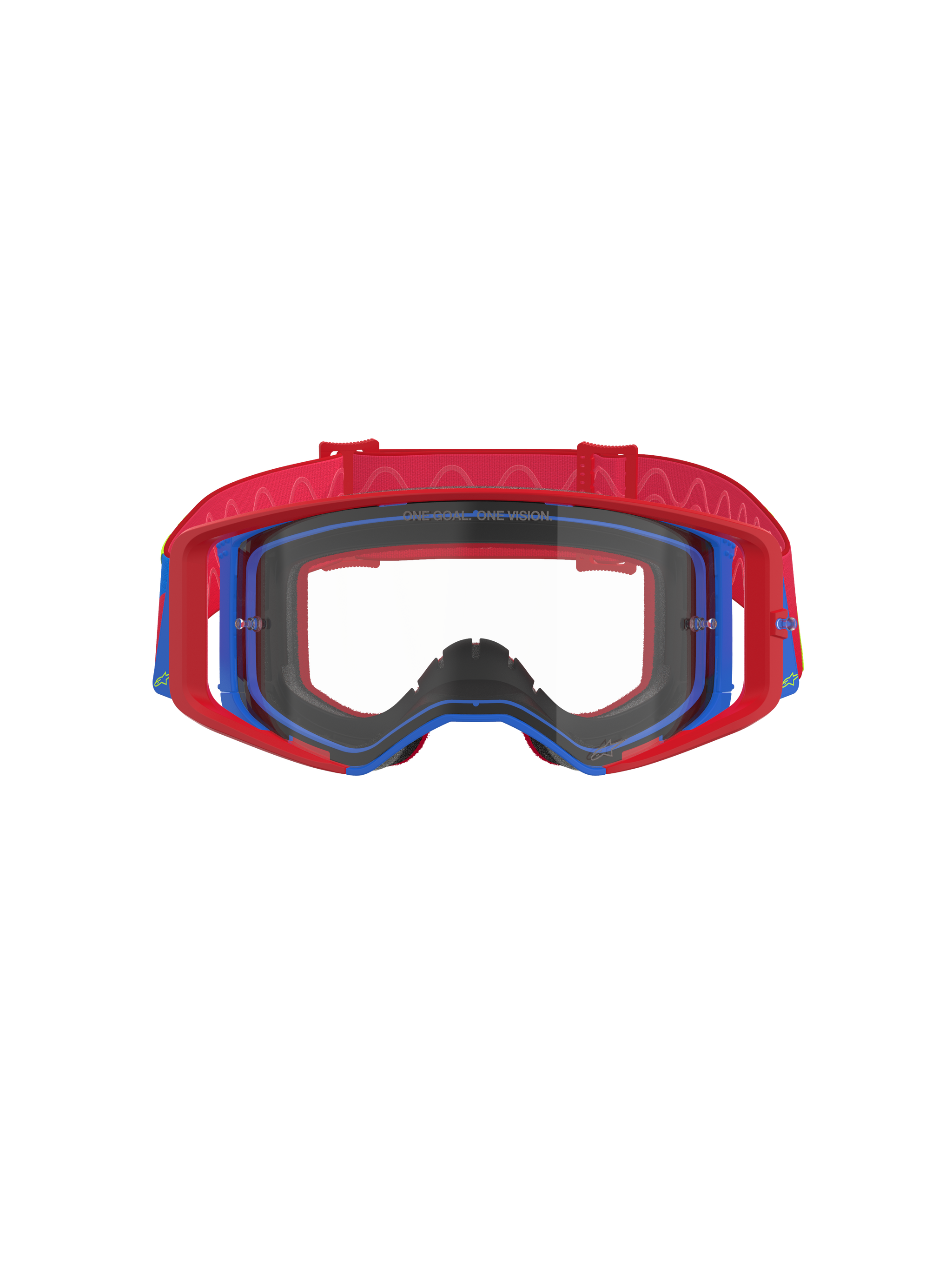 Alpinestars Supertech Corp Goggles, maschere da motocross, rosso e blu con lente trasparente, montatura esterna rossa e montatura interna blu, fascia rossa con motivo in silicone ondulato, occhiali ad alte prestazioni per gare fuoristrada