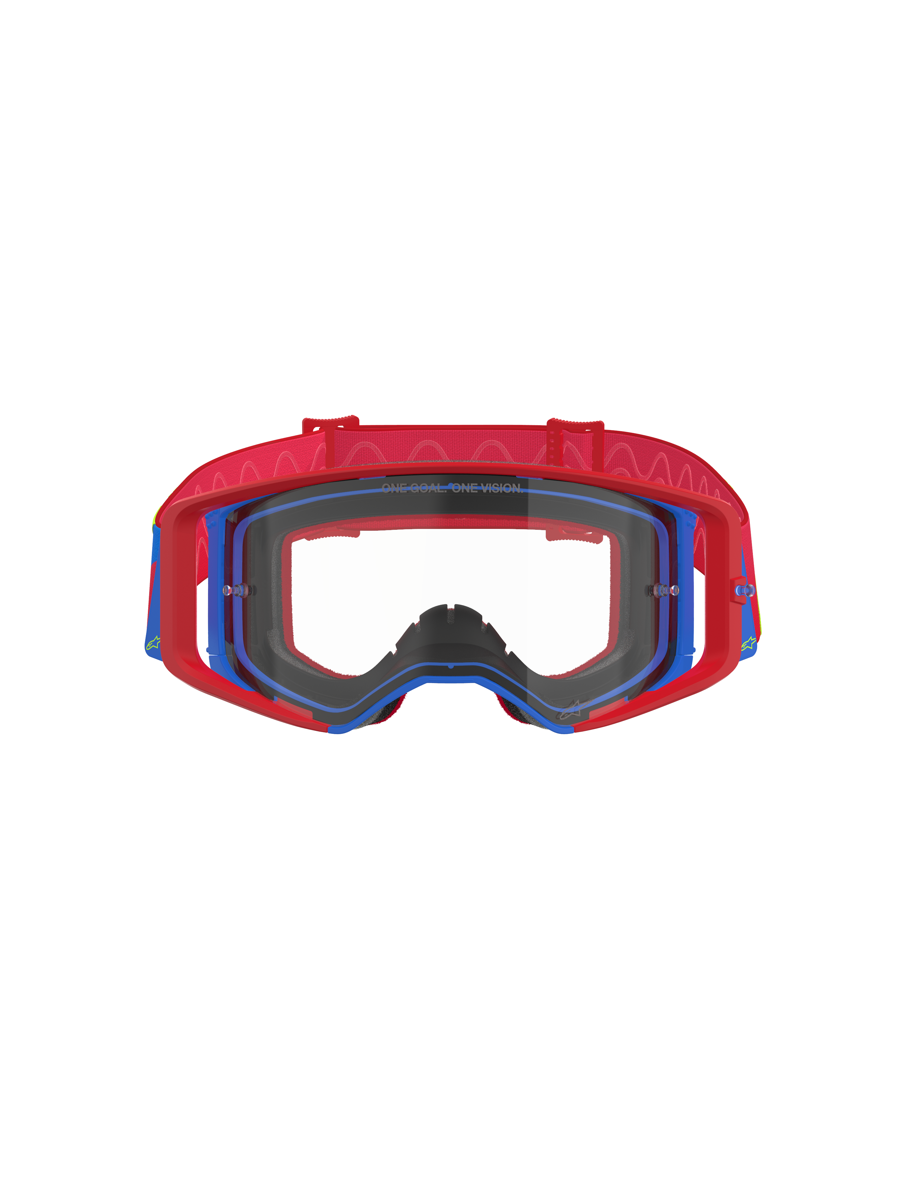Alpinestars Supertech Corp Goggles, maschere da motocross, rosso e blu con lente trasparente, montatura esterna rossa e montatura interna blu, fascia rossa con motivo in silicone ondulato, occhiali ad alte prestazioni per gare fuoristrada
