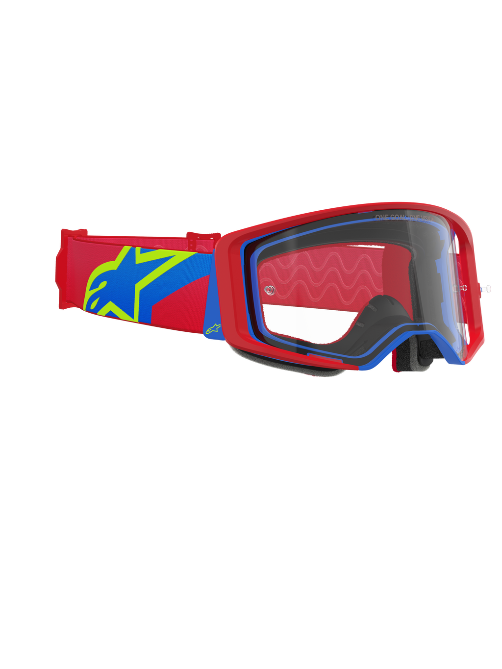Maschera Alpinestars Supertech Corp, maschera da motocross, montatura rossa e blu con lente trasparente, fascia rossa e blu con un grande logo a stella giallo e blu, protezione oculare professionale per corse fuoristrada