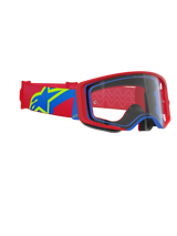 Maschera Alpinestars Supertech Corp, maschera da motocross, montatura rossa e blu con lente trasparente, fascia rossa e blu con un grande logo a stella giallo e blu, protezione oculare professionale per corse fuoristrada