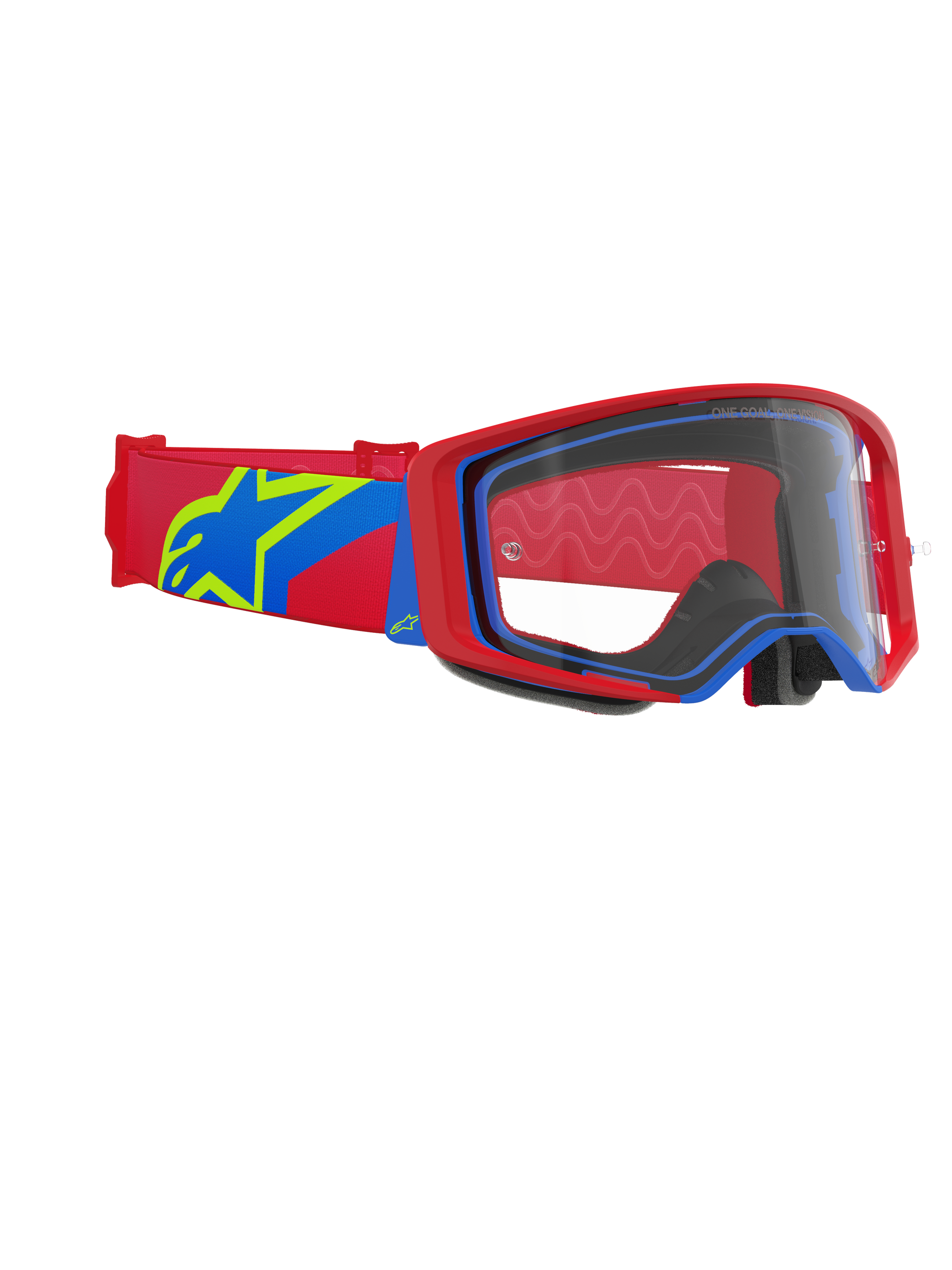 Maschera Alpinestars Supertech Corp, maschera da motocross, montatura rossa e blu con lente trasparente, fascia rossa e blu con un grande logo a stella giallo e blu, protezione oculare professionale per corse fuoristrada