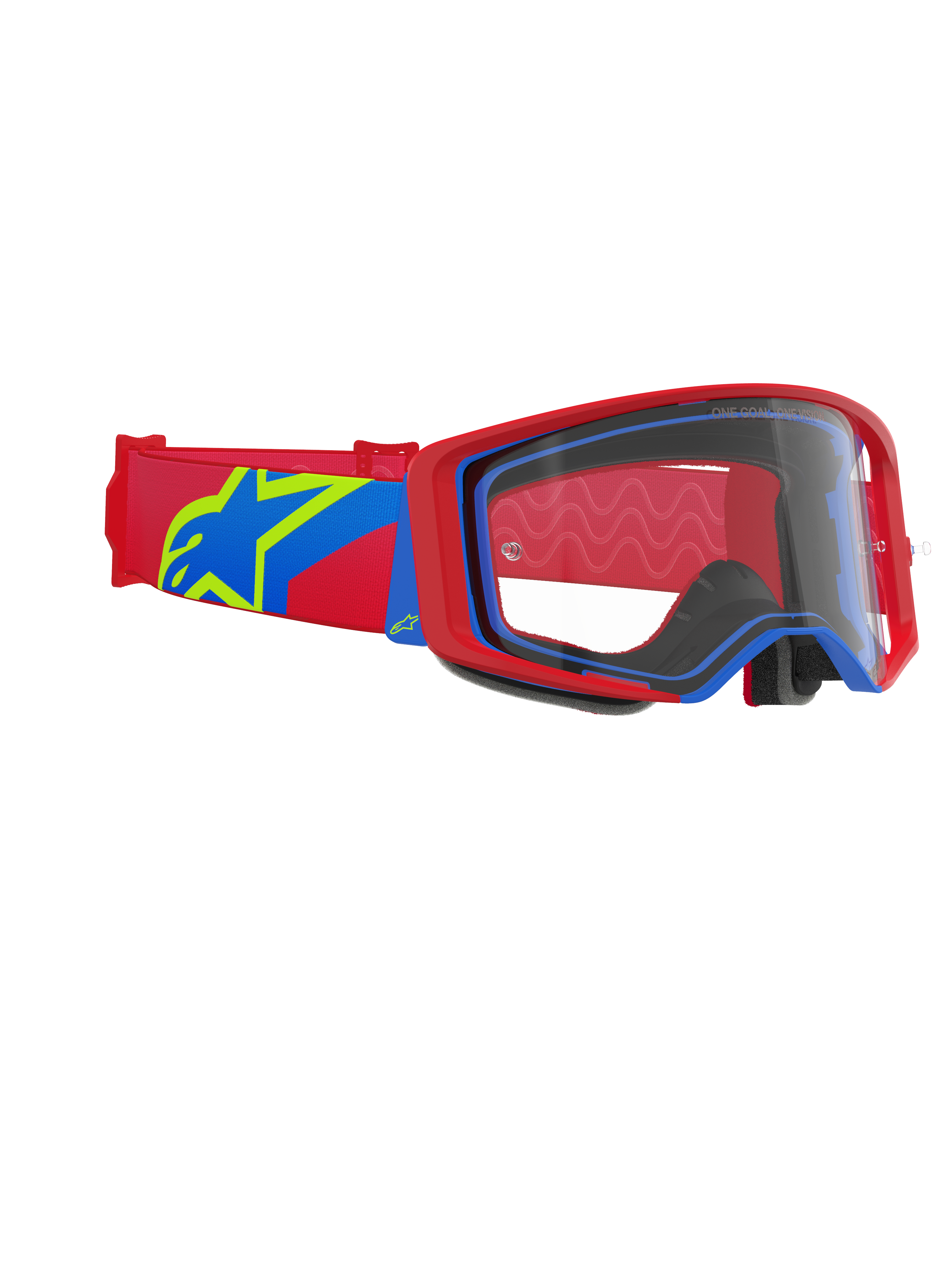 Maschera Alpinestars Supertech Corp, maschera da motocross, montatura rossa e blu con lente trasparente, fascia rossa e blu con un grande logo a stella giallo e blu, protezione oculare professionale per corse fuoristrada