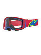 Alpinestars Supertech Corp Goggles, maschera da motocross, rosso e blu con lente trasparente, dotata di fascia regolabile rossa con grande logo a stella blu e verde lime, imbottitura facciale multistrato per il comfort, protezione oculare ad alte prestazioni per gare fuoristrada