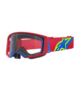 Alpinestars Supertech Corp Goggles, maschera da motocross, rosso e blu con lente trasparente, dotata di fascia regolabile rossa con grande logo a stella blu e verde lime, imbottitura facciale multistrato per il comfort, protezione oculare ad alte prestazioni per gare fuoristrada