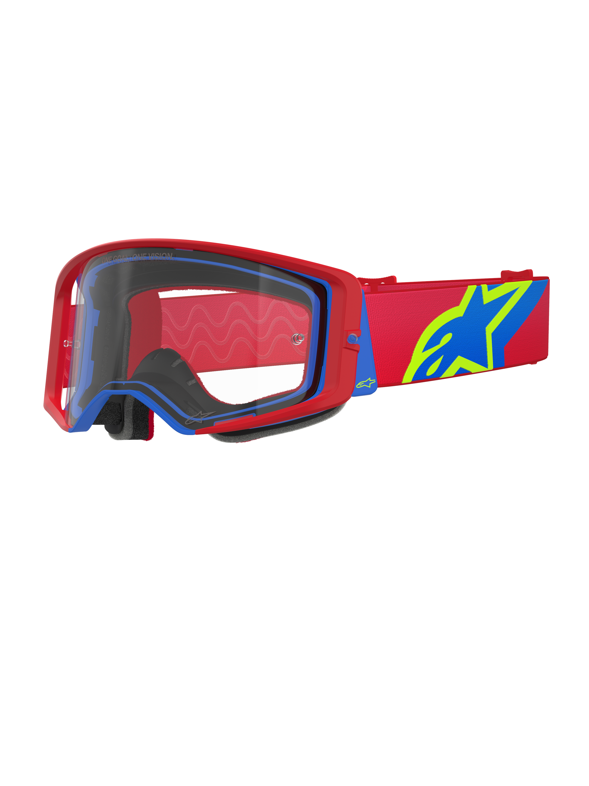 Alpinestars Supertech Corp Goggles, maschera da motocross, rosso e blu con lente trasparente, dotata di fascia regolabile rossa con grande logo a stella blu e verde lime, imbottitura facciale multistrato per il comfort, protezione oculare ad alte prestazioni per gare fuoristrada