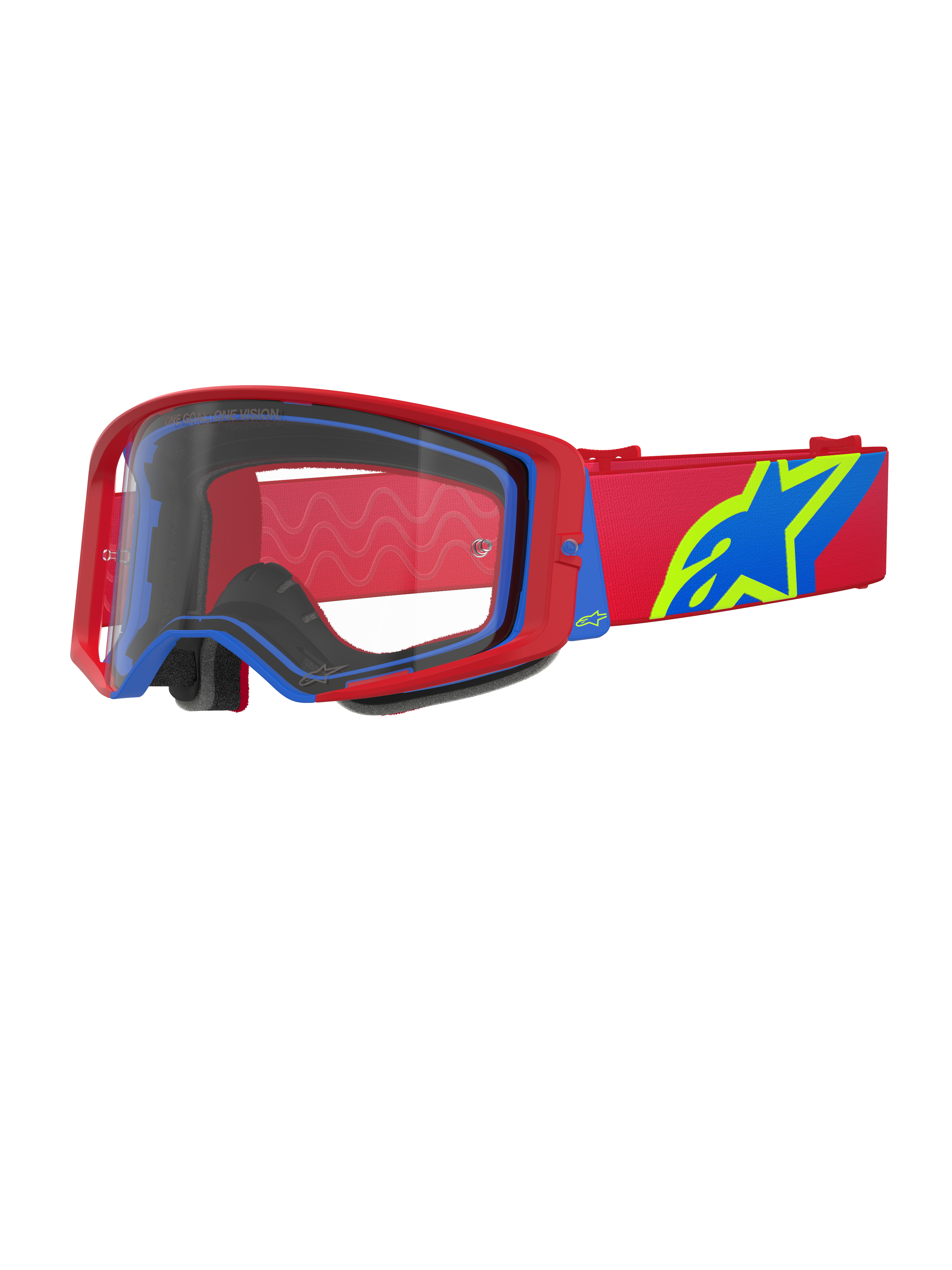 Alpinestars Supertech Corp Goggles, maschera da motocross, rosso e blu con lente trasparente, dotata di fascia regolabile rossa con grande logo a stella blu e verde lime, imbottitura facciale multistrato per il comfort, protezione oculare ad alte prestazioni per gare fuoristrada