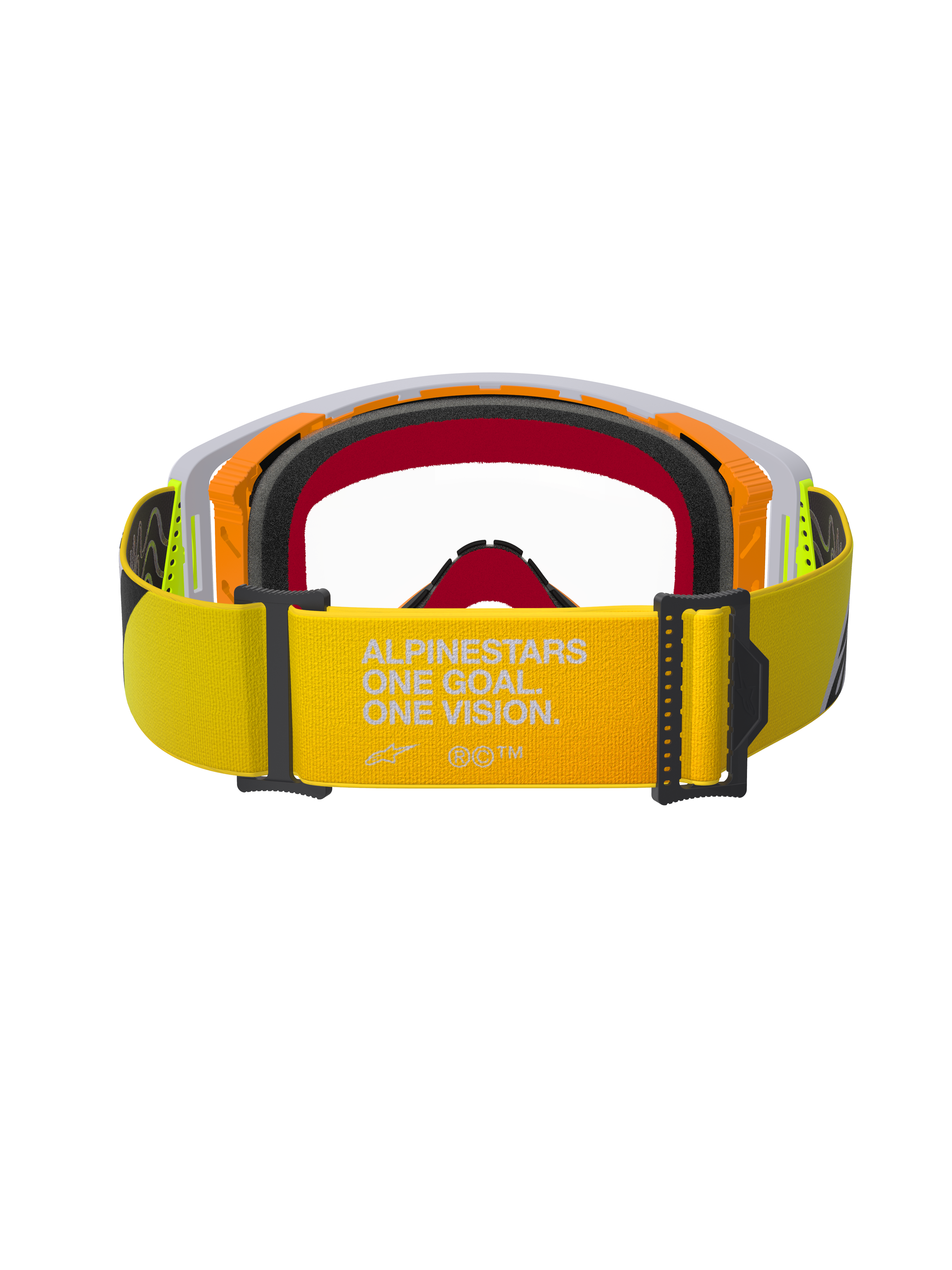 Occhiali Alpinestars Supertech Corp, maschera da motocross, giallo fluo e grigio, vista posteriore con fascia gialla e logo bianco 'ALPINESTARS ONE GOAL. ONE VISION.', imbottitura facciale multistrato e telaio resistente per gare off-road