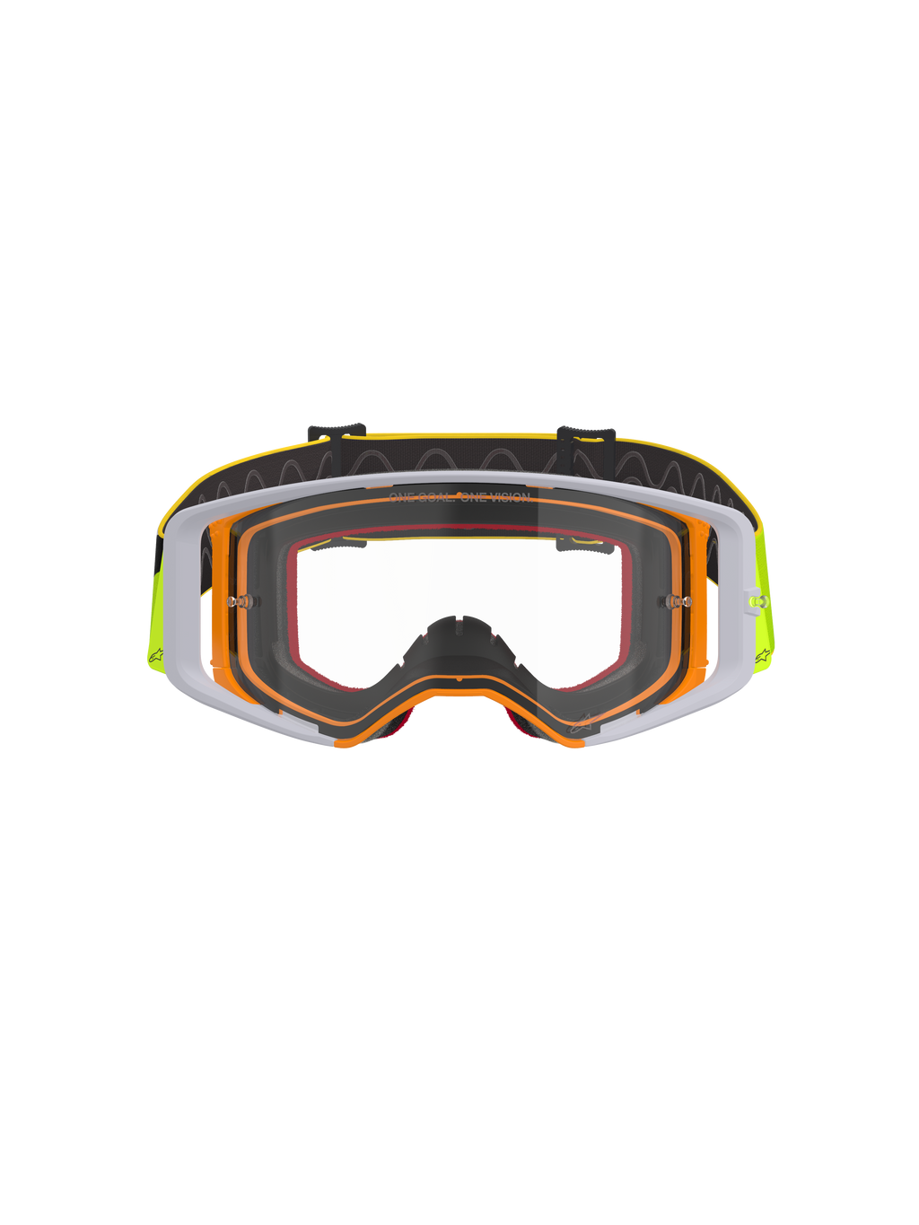Alpinestars Supertech Corp Goggles, occhiali da motocross, montatura giallo fluo e bianca con lente trasparente, accenti grigi, fascia nera regolabile con logo giallo e grip interno in silicone, occhiali ad alte prestazioni per gare fuoristrada.