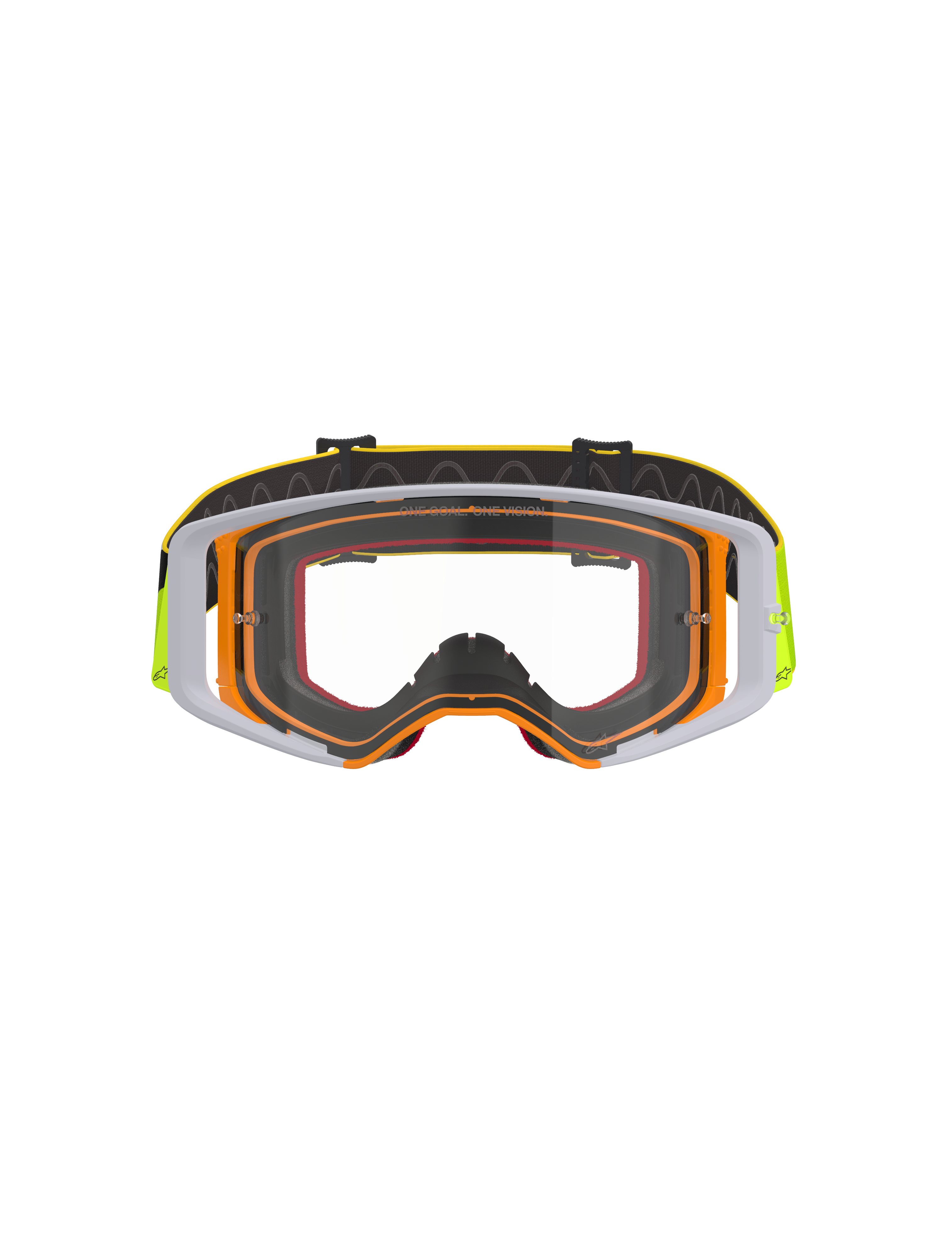 Alpinestars Supertech Corp Goggles, occhiali da motocross, montatura giallo fluo e bianca con lente trasparente, accenti grigi, fascia nera regolabile con logo giallo e grip interno in silicone, occhiali ad alte prestazioni per gare fuoristrada.