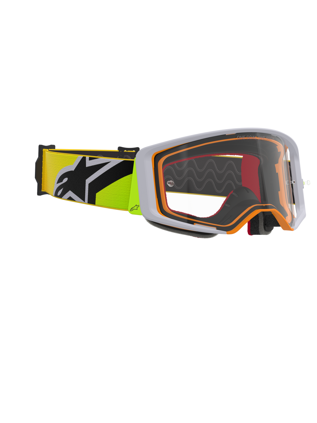 Alpinestars Supertech Corp Goggles, occhiali da motocross, giallo fluo e grigio, lente trasparente con dettagli arancioni sulla montatura, dotati di cinturino giallo fluo con logo Alpinestars nero per gare fuoristrada