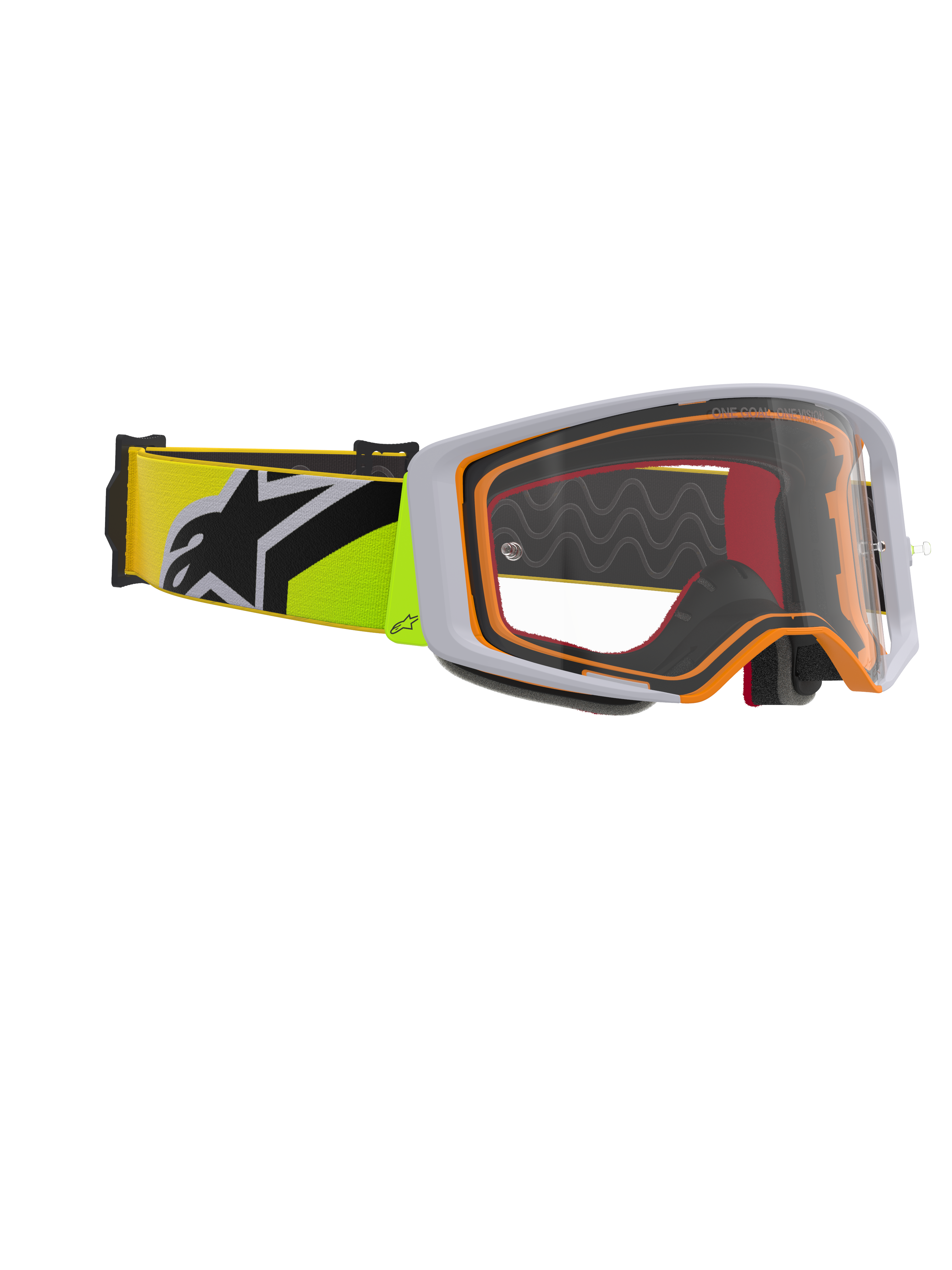 Alpinestars Supertech Corp Goggles, occhiali da motocross, giallo fluo e grigio, lente trasparente con dettagli arancioni sulla montatura, dotati di cinturino giallo fluo con logo Alpinestars nero per gare fuoristrada