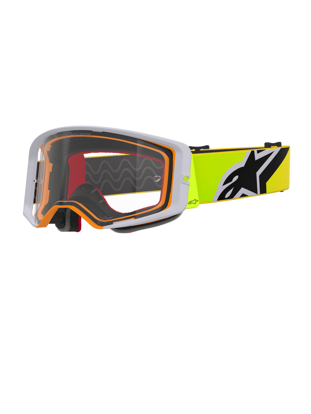 Alpinestars Supertech Corp Goggles, maschera da motocross, giallo fluo grigio trasparente, montatura esterna grigia con guarnizione interna arancione, lente trasparente, fascia giallo brillante con logo Alpinestars bianco e nero, occhiali ad alte prestazioni per gare fuoristrada