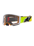 Alpinestars Supertech Corp Goggles, maschera da motocross, giallo fluo grigio trasparente, montatura esterna grigia con guarnizione interna arancione, lente trasparente, fascia giallo brillante con logo Alpinestars bianco e nero, occhiali ad alte prestazioni per gare fuoristrada