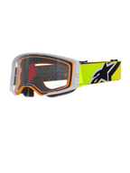 Alpinestars Supertech Corp Goggles, maschera da motocross, giallo fluo grigio trasparente, montatura esterna grigia con guarnizione interna arancione, lente trasparente, fascia giallo brillante con logo Alpinestars bianco e nero, occhiali ad alte prestazioni per gare fuoristrada