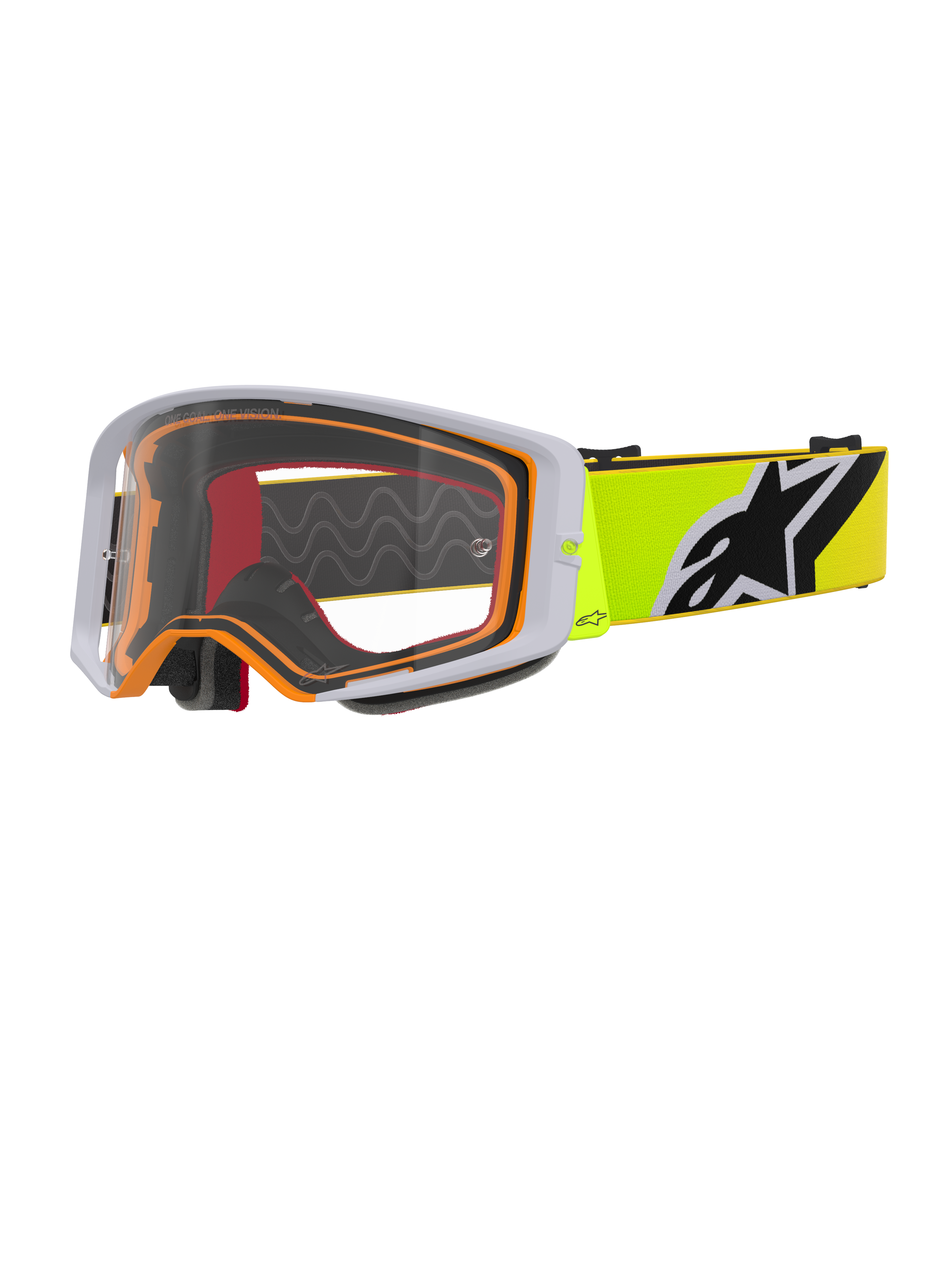 Alpinestars Supertech Corp Goggles, maschera da motocross, giallo fluo grigio trasparente, montatura esterna grigia con guarnizione interna arancione, lente trasparente, fascia giallo brillante con logo Alpinestars bianco e nero, occhiali ad alte prestazioni per gare fuoristrada