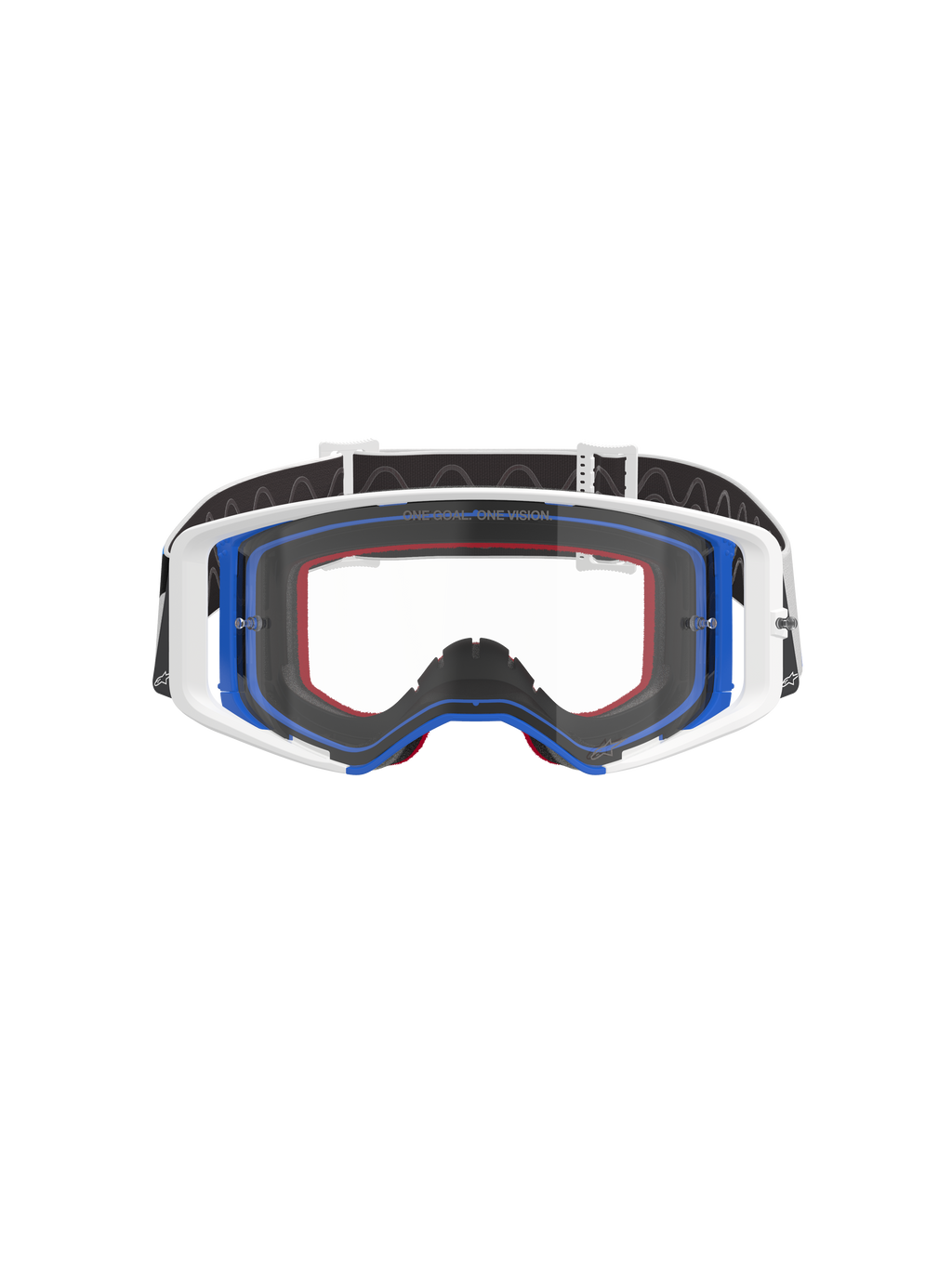 Alpinestars Supertech Corp Goggles, maschera da motocross, blu, bianco e arancione con lente trasparente, fascia nera con logo bianco, occhiali da corsa fuoristrada professionali con ampio campo visivo e design della montatura a doppia iniezione