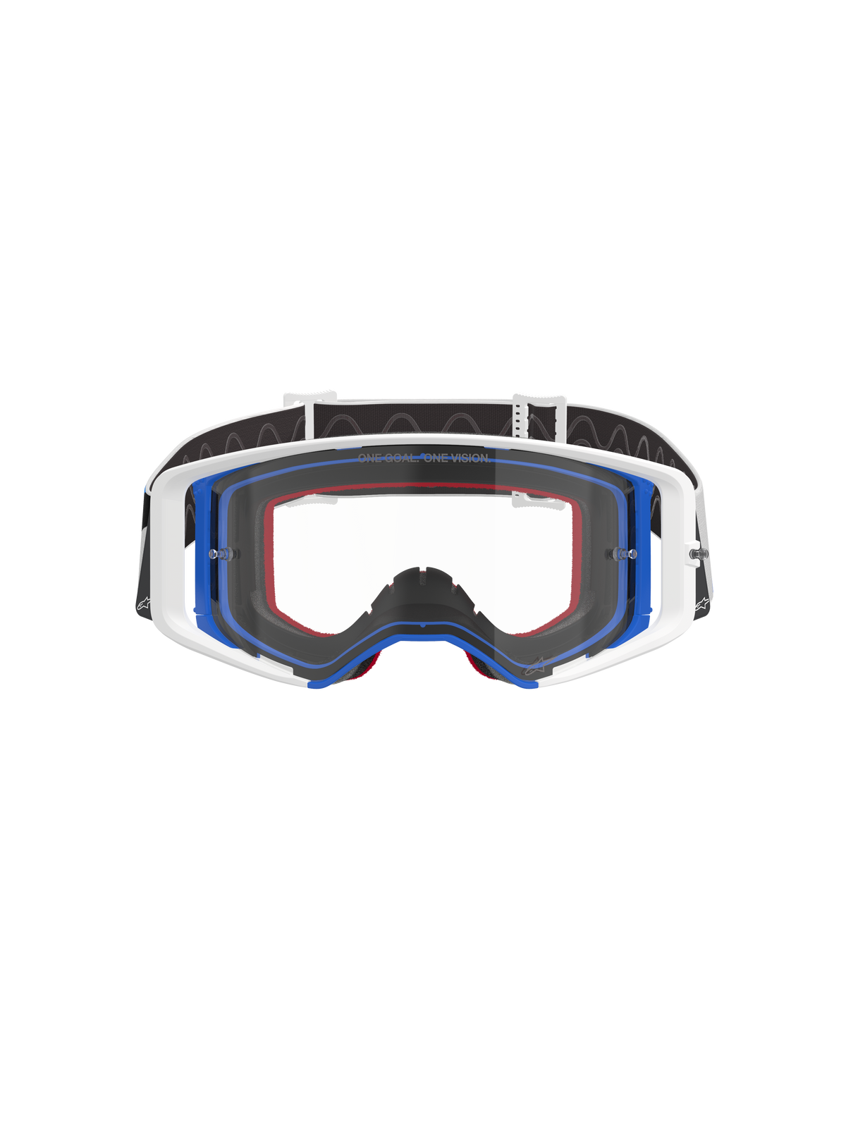 Alpinestars Supertech Corp Goggles, maschera da motocross, blu, bianco e arancione con lente trasparente, fascia nera con logo bianco, occhiali da corsa fuoristrada professionali con ampio campo visivo e design della montatura a doppia iniezione