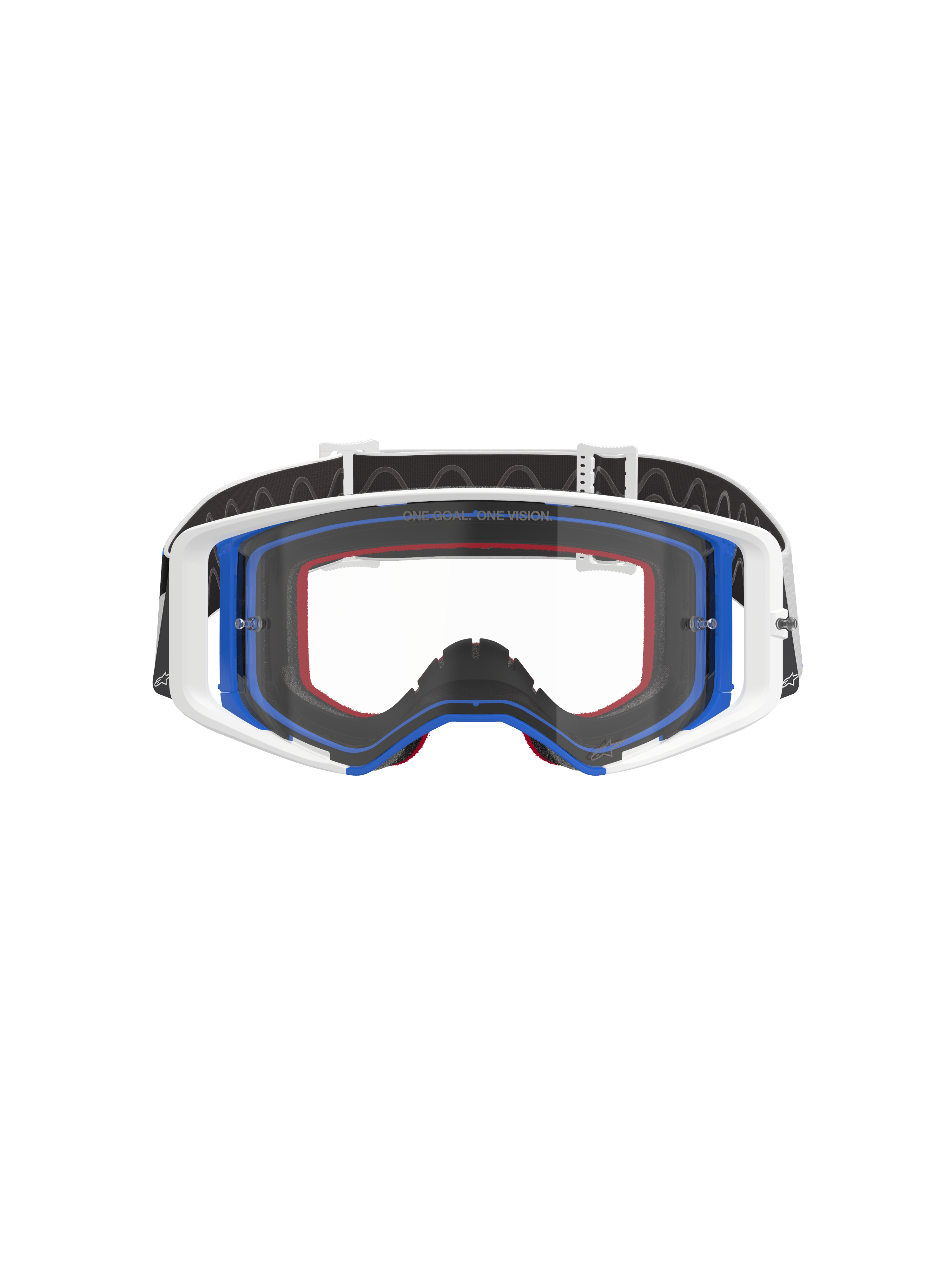 Alpinestars Supertech Corp Goggles, maschera da motocross, blu, bianco e arancione con lente trasparente, fascia nera con logo bianco, occhiali da corsa fuoristrada professionali con ampio campo visivo e design della montatura a doppia iniezione