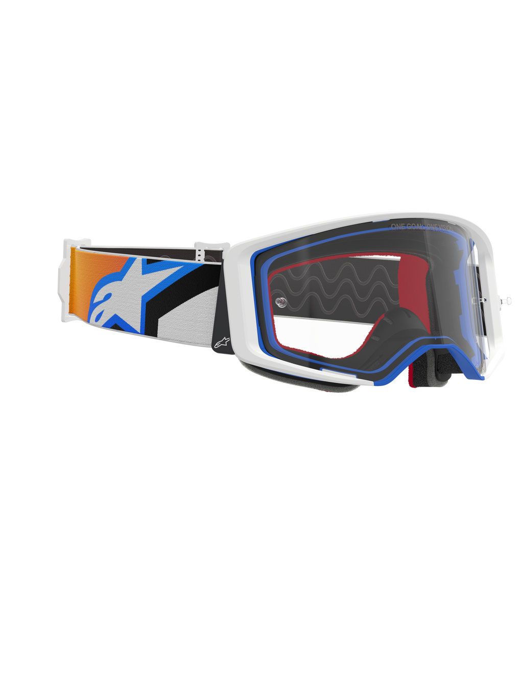 Alpinestars Supertech Corp Goggles, occhiali da motocross, blu, arancione e trasparente, vista laterale che mostra la lente trasparente, montatura bianca con dettagli blu e rossi, ampia fascia con grafiche arancioni e blu e grande logo Alpinestars bianco.