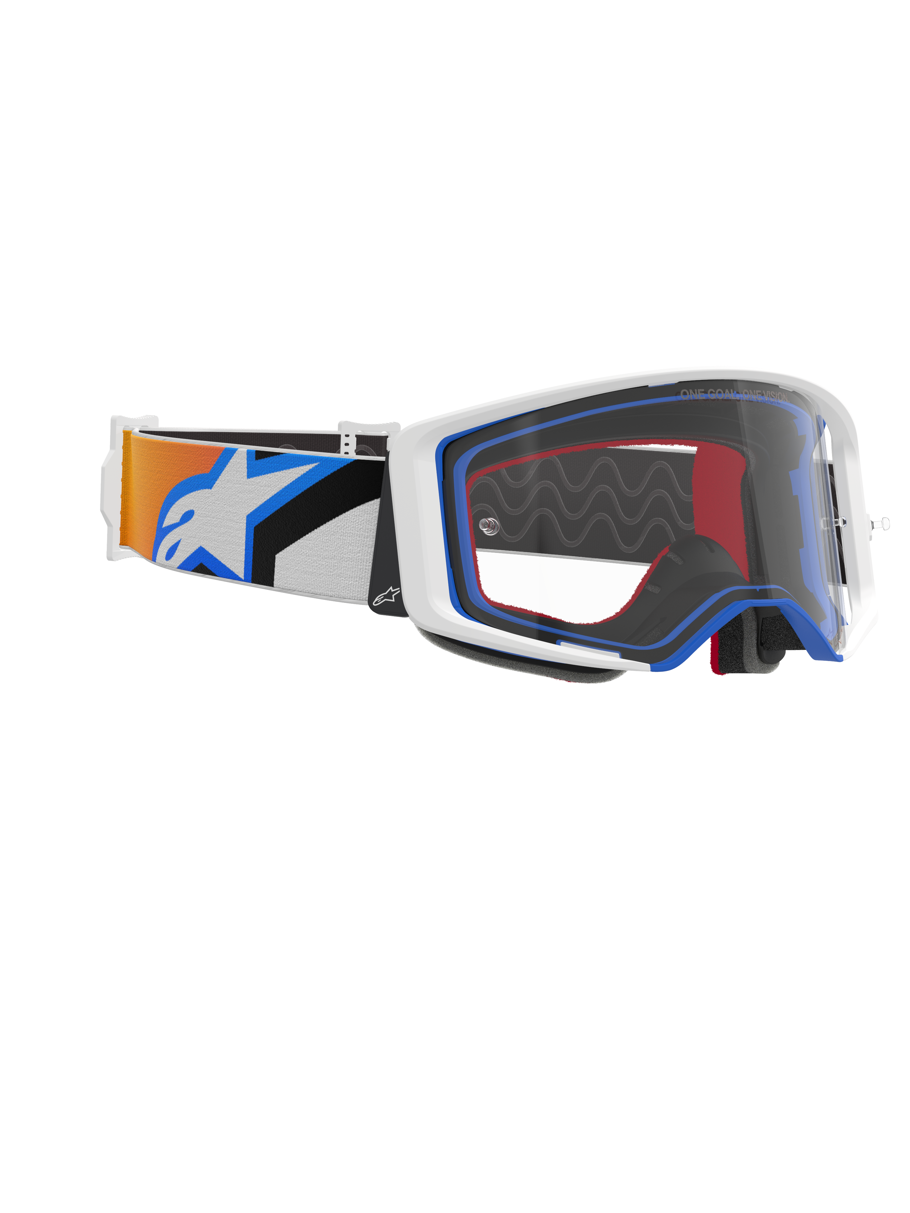 Alpinestars Supertech Corp Goggles, occhiali da motocross, blu, arancione e trasparente, vista laterale che mostra la lente trasparente, montatura bianca con dettagli blu e rossi, ampia fascia con grafiche arancioni e blu e grande logo Alpinestars bianco.