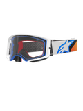 Alpinestars Supertech Corp Goggles, maschera da motocross, blu, arancione e bianco, lente trasparente con montatura bianca e dettagli blu, ampia fascia con logo a stella Alpinestars e grip in silicone, protezione oculare ad alte prestazioni per competizioni fuoristrada