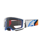 Alpinestars Supertech Corp Goggles, maschera da motocross, blu, arancione e bianco, lente trasparente con montatura bianca e dettagli blu, ampia fascia con logo a stella Alpinestars e grip in silicone, protezione oculare ad alte prestazioni per competizioni fuoristrada